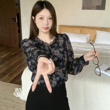 BY11250# 春装欧洲站新款洋气小衫女大码宽松显瘦印花雪纺衬衫上衣 服裝批發女裝批發服飾貨源