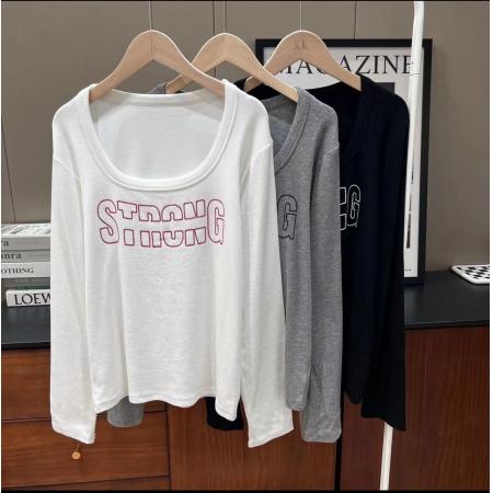 BY11252# 大码女装春装新款立体字母印花方圆领显瘦长袖T恤女款打底衫 服裝批發女裝批發服飾貨源