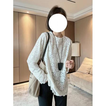 BY11253# 春装别致圆领丝绒提花打底衫大码高级感宽松百搭蕾丝钩花T恤 服裝批發女裝批發服飾貨源