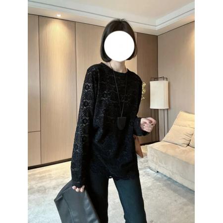 BY11253# 春装别致圆领丝绒提花打底衫大码高级感宽松百搭蕾丝钩花T恤 服裝批發女裝批發服飾貨源