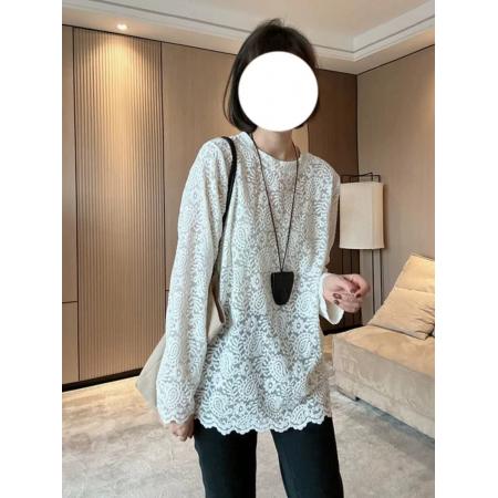 BY11253# 春装别致圆领丝绒提花打底衫大码高级感宽松百搭蕾丝钩花T恤 服裝批發女裝批發服飾貨源