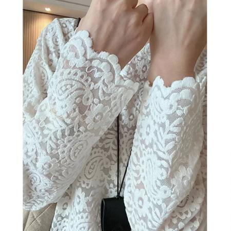 BY11253# 春装别致圆领丝绒提花打底衫大码高级感宽松百搭蕾丝钩花T恤 服裝批發女裝批發服飾貨源