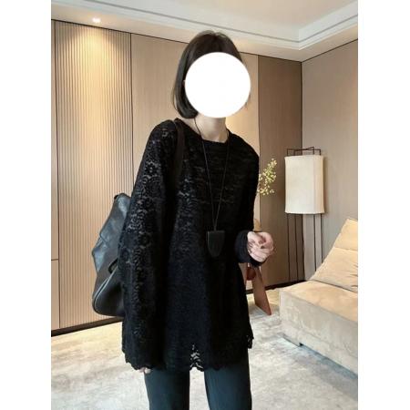 BY11253# 春装别致圆领丝绒提花打底衫大码高级感宽松百搭蕾丝钩花T恤 服裝批發女裝批發服飾貨源