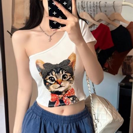 BY11260# 夏季新款辣妹立体猫咪印花单肩短袖女一体式带胸垫百搭修身 服裝批發女裝批發服飾貨源
