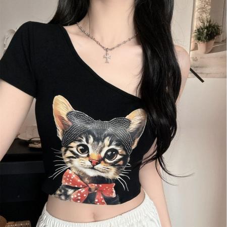 BY11260# 夏季新款辣妹立体猫咪印花单肩短袖女一体式带胸垫百搭修身 服裝批發女裝批發服飾貨源