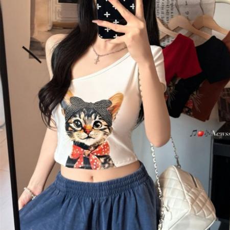 BY11260# 夏季新款辣妹立体猫咪印花单肩短袖女一体式带胸垫百搭修身 服裝批發女裝批發服飾貨源