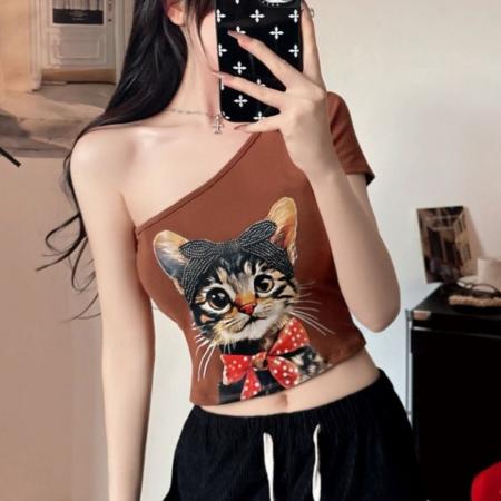 BY11260# 夏季新款辣妹立体猫咪印花单肩短袖女一体式带胸垫百搭修身 服裝批發女裝批發服飾貨源