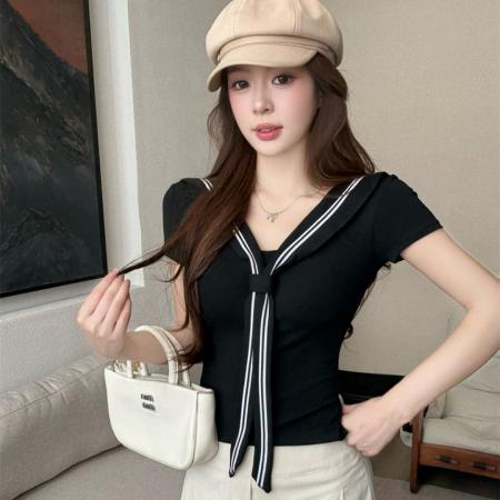 BY11261# 夏季新款甜美风正肩系带短袖T恤女修身显瘦一体式带胸垫上衣 服裝批發女裝批發服飾貨源