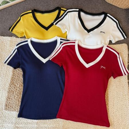 BY11263# 夏季新款甜美风V领撞色正肩短袖T袖显瘦修身固定带胸垫上衣 服裝批發女裝批發服飾貨源