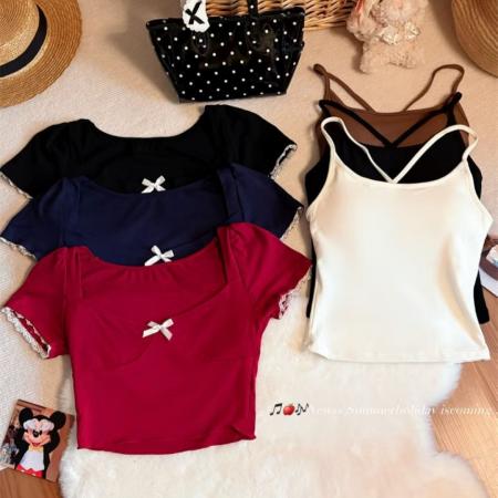 BY11264# 夏季新款辣妹风两件套撞色设计短款T恤修身显瘦固定带胸垫女 服裝批發女裝批發服飾貨源