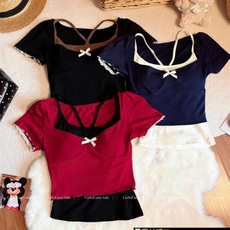 BY11264# 夏季新款辣妹风两件套撞色设计短款T恤修身显瘦固定带胸垫女 服裝批發女裝批發服飾貨源