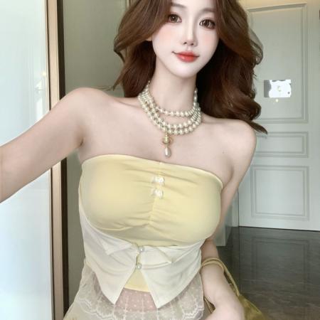 BY11267# 夏季新款甜辣风蕾丝下摆拼接抹胸修身显瘦女固定带胸垫上衣 服裝批發女裝批發服飾貨源