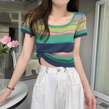 BY11271# 彩色条纹方领针织衫女夏季韩版新款修身显瘦短款别致短袖上衣 服裝批發女裝批發服飾貨源