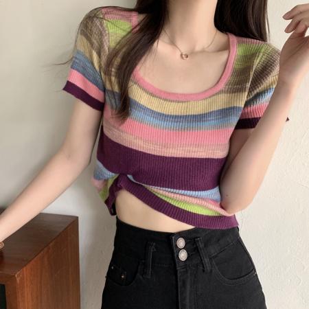 BY11271# 彩色条纹方领针织衫女夏季韩版新款修身显瘦短款别致短袖上衣 服裝批發女裝批發服飾貨源