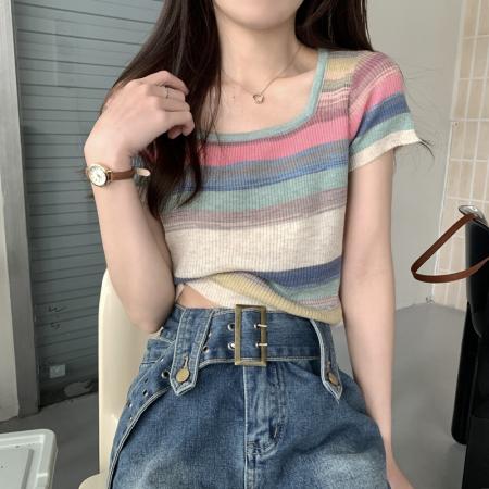 BY11271# 彩色条纹方领针织衫女夏季韩版新款修身显瘦短款别致短袖上衣 服裝批發女裝批發服飾貨源
