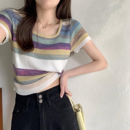 BY11271# 彩色条纹方领针织衫女夏季韩版新款修身显瘦短款别致短袖上衣 服裝批發女裝批發服飾貨源