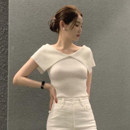 BY11272# 韩国chic夏季温柔气质翻领正反两穿弹力修身显瘦短袖针织衫女 服裝批發女裝批發服飾貨源