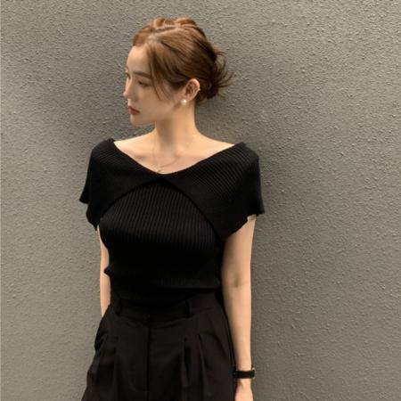 BY11272# 韩国chic夏季温柔气质翻领正反两穿弹力修身显瘦短袖针织衫女 服裝批發女裝批發服飾貨源