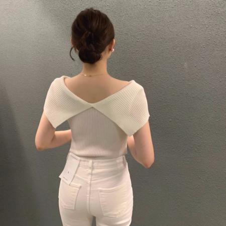 BY11272# 韩国chic夏季温柔气质翻领正反两穿弹力修身显瘦短袖针织衫女 服裝批發女裝批發服飾貨源