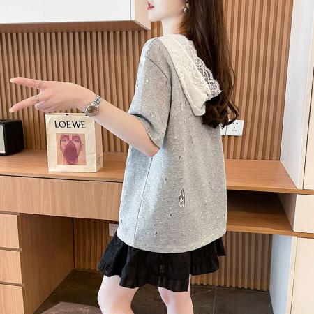 BY11274# 烧花蕾丝连帽T恤女装新款春秋季洋气减龄宽松设计感上衣 服裝批發女裝批發服飾貨源