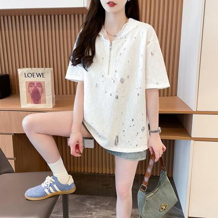 BY11274# 烧花蕾丝连帽T恤女装新款春秋季洋气减龄宽松设计感上衣 服裝批發女裝批發服飾貨源