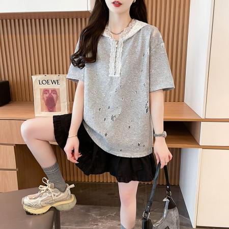 BY11274# 烧花蕾丝连帽T恤女装新款春秋季洋气减龄宽松设计感上衣 服裝批發女裝批發服飾貨源