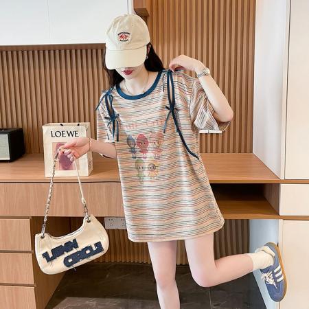 BY11276# 纯棉色织条纹卡通短袖T恤女装新款夏季宽松大码上衣 服裝批發女裝批發服飾貨源