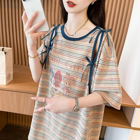 BY11276# 纯棉色织条纹卡通短袖T恤女装新款夏季宽松大码上衣 服裝批發女裝批發服飾貨源