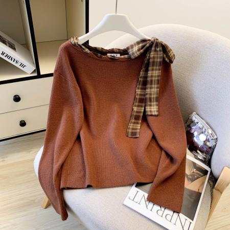 BY11280# 大货春装新款洋气设计感丝巾绑带打底上衣针织衫毛衣女 服裝批發女裝批發服飾貨源