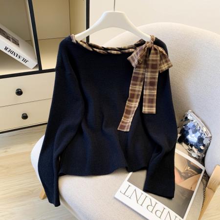 BY11280# 大货春装新款洋气设计感丝巾绑带打底上衣针织衫毛衣女 服裝批發女裝批發服飾貨源