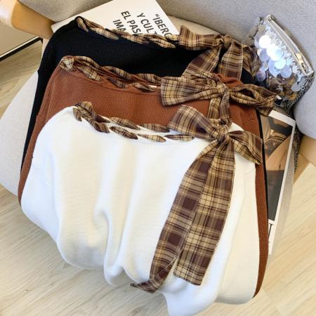 BY11280# 大货春装新款洋气设计感丝巾绑带打底上衣针织衫毛衣女 服裝批發女裝批發服飾貨源