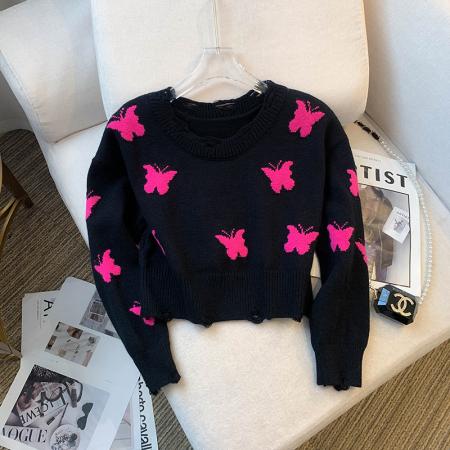 BY11281# 大货春装新款韩版设计感破洞别致蝴蝶短款针织衫毛衣女 服裝批發女裝批發服飾貨源