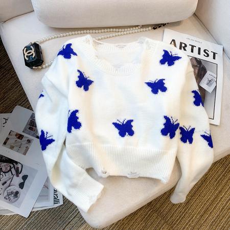 BY11281# 大货春装新款韩版设计感破洞别致蝴蝶短款针织衫毛衣女 服裝批發女裝批發服飾貨源