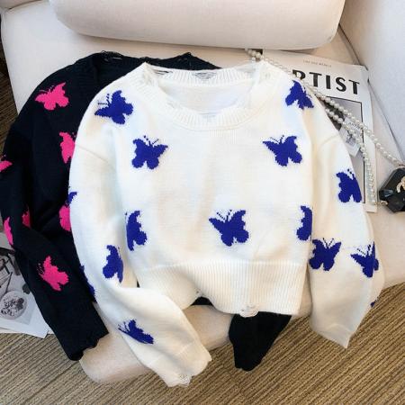 BY11281# 大货春装新款韩版设计感破洞别致蝴蝶短款针织衫毛衣女 服裝批發女裝批發服飾貨源