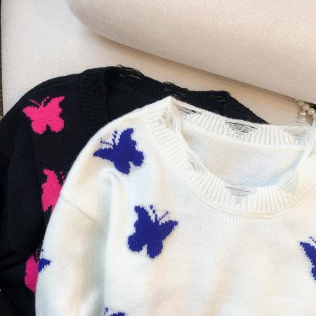 BY11281# 大货春装新款韩版设计感破洞别致蝴蝶短款针织衫毛衣女 服裝批發女裝批發服飾貨源