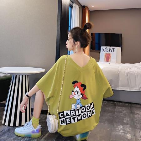 BY11282# 拉架夏季新款V领时尚中长款宽松短袖T恤女 服裝批發女裝批發服飾貨源