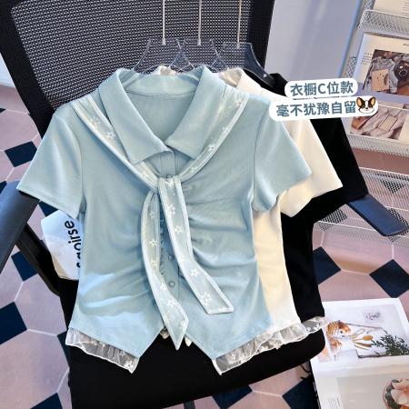 BY11286# 思洛伊新款蕾丝飘带温柔风下摆不规则短袖上衣 服裝批發女裝批發服飾貨源