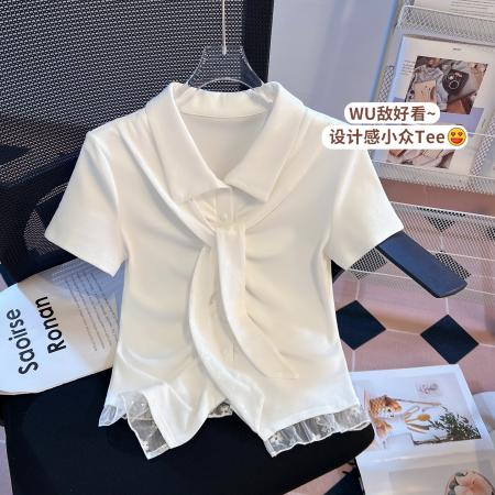 BY11286# 思洛伊新款蕾丝飘带温柔风下摆不规则短袖上衣 服裝批發女裝批發服飾貨源