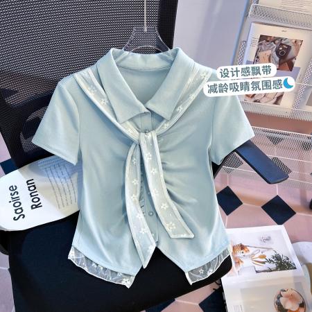 BY11286# 思洛伊新款蕾丝飘带温柔风下摆不规则短袖上衣 服裝批發女裝批發服飾貨源