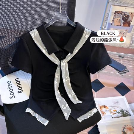 BY11286# 思洛伊新款蕾丝飘带温柔风下摆不规则短袖上衣 服裝批發女裝批發服飾貨源