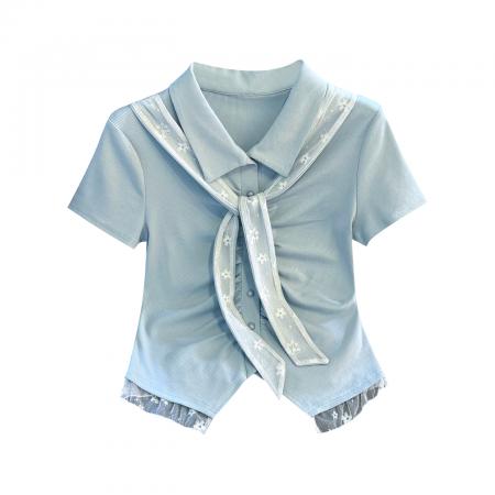 BY11286# 思洛伊新款蕾丝飘带温柔风下摆不规则短袖上衣 服裝批發女裝批發服飾貨源