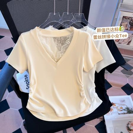BY11287# 思洛伊新款蕾丝V领收腰短袖后背小心机蕾丝美背上衣 服裝批發女裝批發服飾貨源