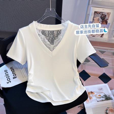 BY11287# 思洛伊新款蕾丝V领收腰短袖后背小心机蕾丝美背上衣 服裝批發女裝批發服飾貨源