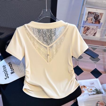 BY11287# 思洛伊新款蕾丝V领收腰短袖后背小心机蕾丝美背上衣 服裝批發女裝批發服飾貨源