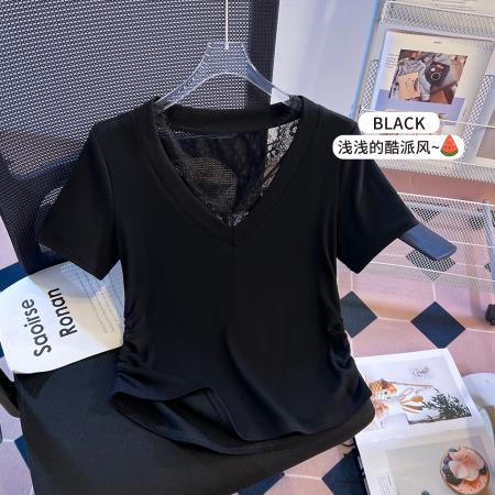 BY11287# 思洛伊新款蕾丝V领收腰短袖后背小心机蕾丝美背上衣 服裝批發女裝批發服飾貨源