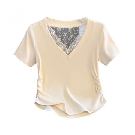 BY11287# 思洛伊新款蕾丝V领收腰短袖后背小心机蕾丝美背上衣 服裝批發女裝批發服飾貨源