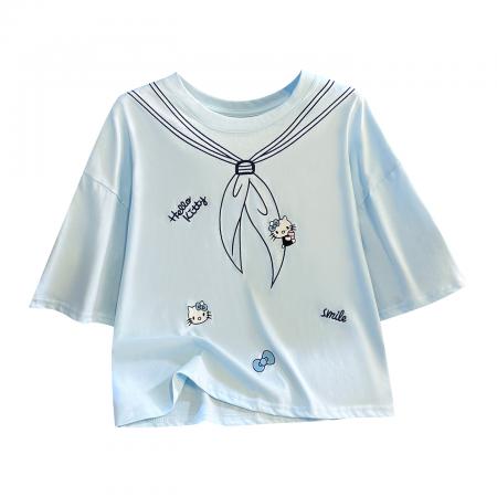 BY11288# 思洛伊新款甜酷风圆领卡通绣花短袖T恤网红显瘦上衣 服裝批發女裝批發服飾貨源