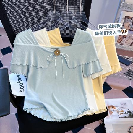 BY11289# 思洛伊新款温柔风法式方领小心机纯色上衣百搭短袖T恤 服裝批發女裝批發服飾貨源