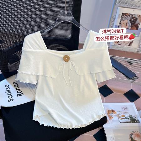 BY11289# 思洛伊新款温柔风法式方领小心机纯色上衣百搭短袖T恤 服裝批發女裝批發服飾貨源