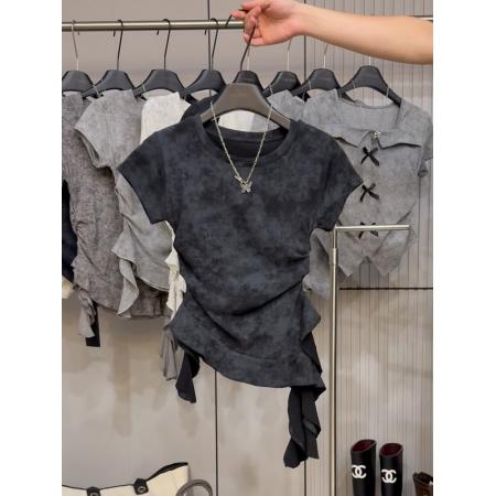 BY11296# 荷叶边拼接扎染短袖t恤女新款夏装洋气修身显瘦不规则ins上衣 服裝批發女裝批發服飾貨源